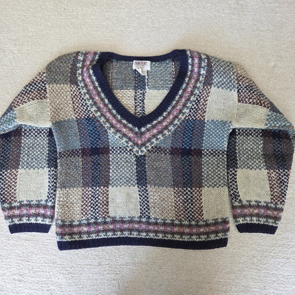 Vintage SKYR Shetland Wool Sweater V-Neck Scotland Plaid Cropped Womens 34 XS